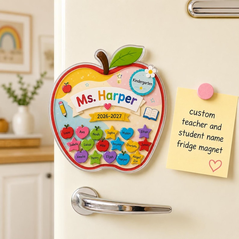 Personalized Apple Shaker Magnet, Custom Teacher Name Fridge Magnet, Student Name Classroom Gift