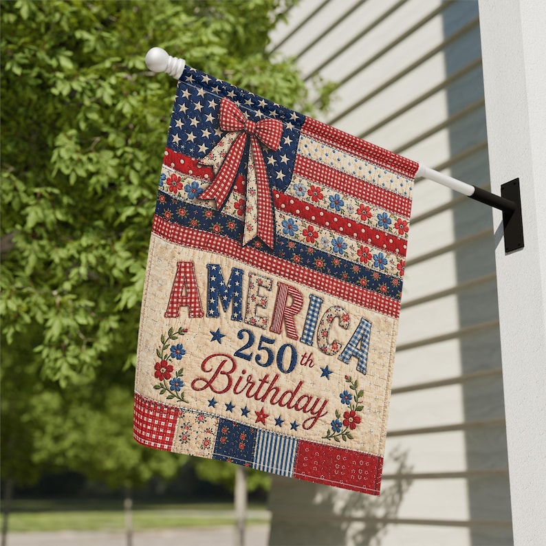 PRINT Patchwork America 250th Birthday Garden Flag, Patriotic USA Yard Flag