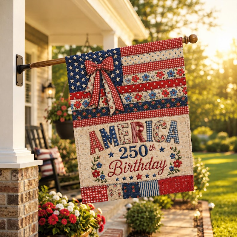 PRINT Patchwork America 250th Birthday Garden Flag, Patriotic USA Yard Flag
