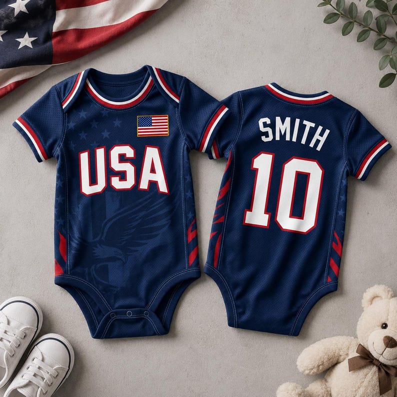 Personalized USA Baby Bodysuit, Custom Name American Sports Jersey Newborn Onesie