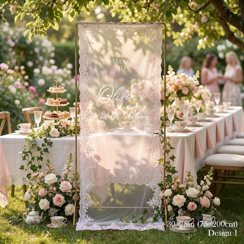 Personalized Lace Bridal Shower Welcome Sign, Custom Sheer Bride Shower Banner, Whimsical Hen Do Decor
