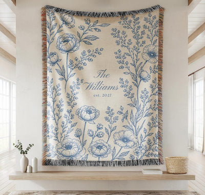 Personalized Woven Blanket, Anniversary Gift For Couple, Custom Wedding Family Name Blanket
