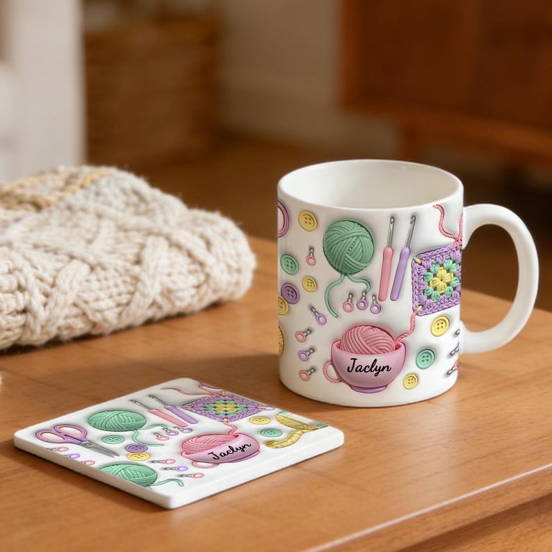 Personalized Name Knitting Ceramic Mug, Yarn Crochet Hook Scissors Pattern, Gift for Grandma Knitting Lover