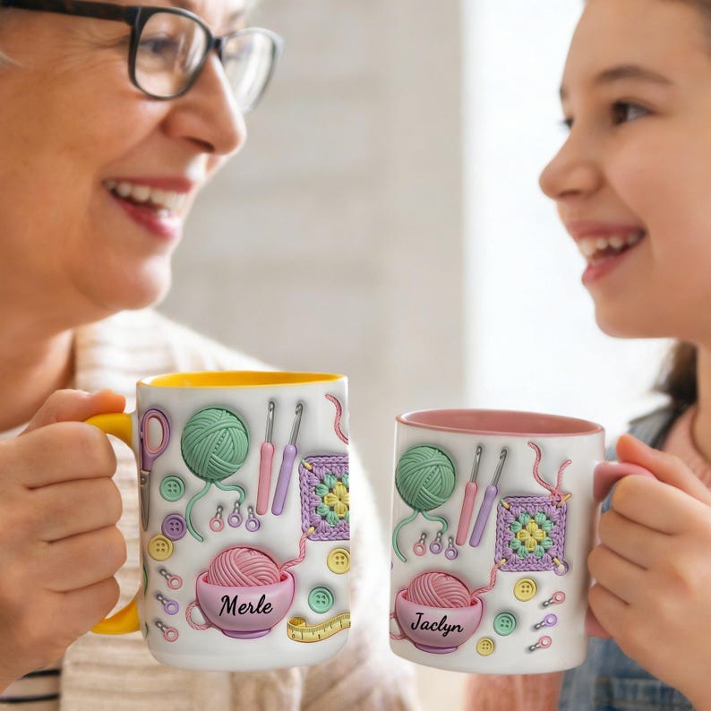 Personalized Name Knitting Ceramic Mug, Yarn Crochet Hook Scissors Pattern, Gift for Grandma Knitting Lover