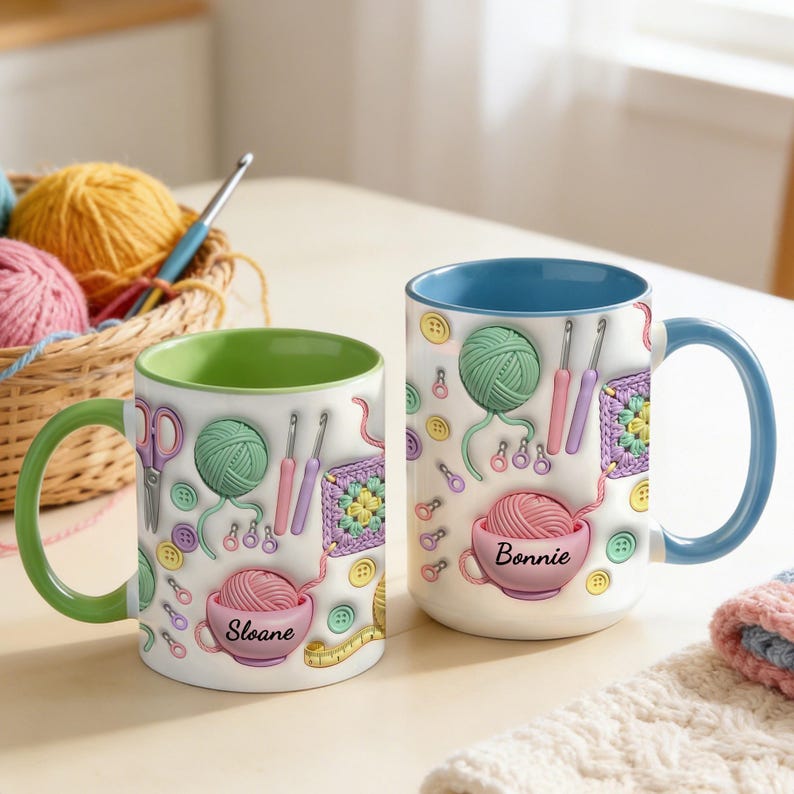 Personalized Name Knitting Ceramic Mug, Yarn Crochet Hook Scissors Pattern, Gift for Grandma Knitting Lover