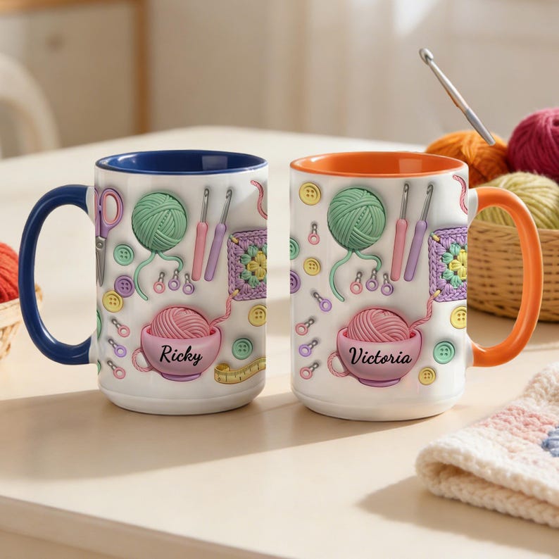 Personalized Name Knitting Ceramic Mug, Yarn Crochet Hook Scissors Pattern, Gift for Grandma Knitting Lover