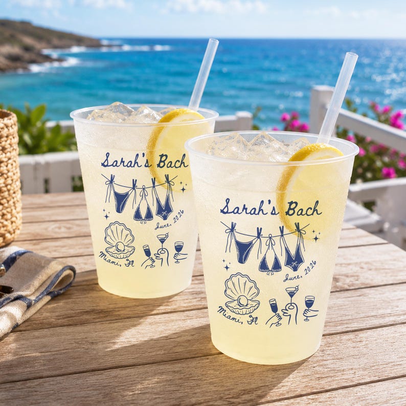 Personalized Frosted Plastic Cups, Beach Bachelorette Party Cups, Bach Club Cups, Pool Party Favor