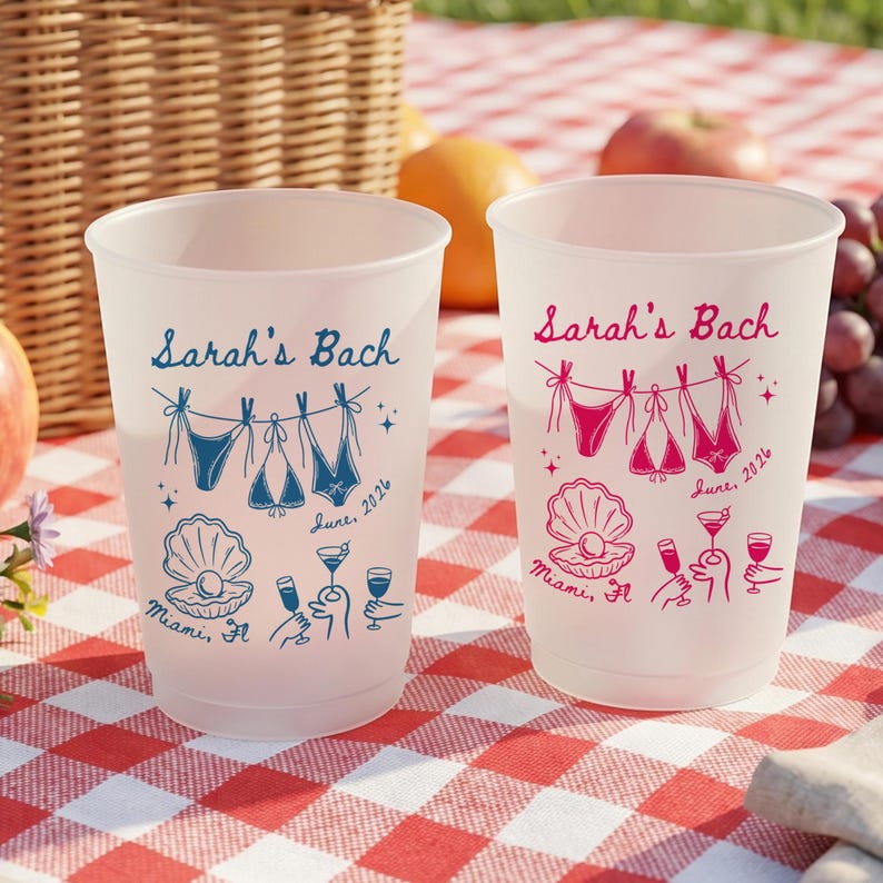 Personalized Frosted Plastic Cups, Beach Bachelorette Party Cups, Bach Club Cups, Pool Party Favor