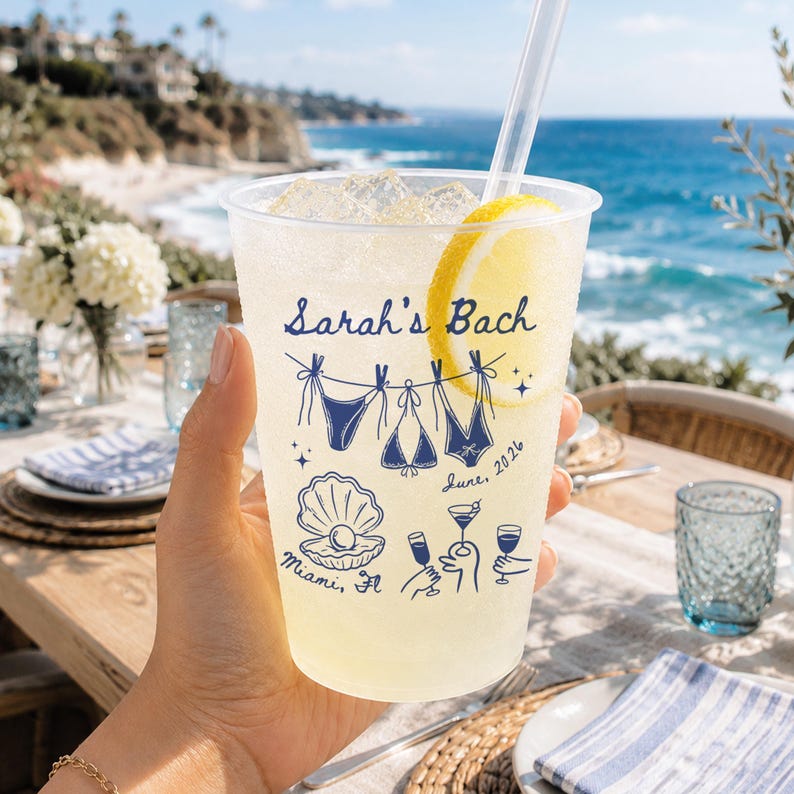 Personalized Frosted Plastic Cups, Beach Bachelorette Party Cups, Bach Club Cups, Pool Party Favor
