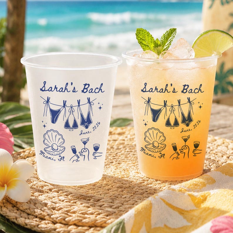 Personalized Frosted Plastic Cups, Beach Bachelorette Party Cups, Bach Club Cups, Pool Party Favor