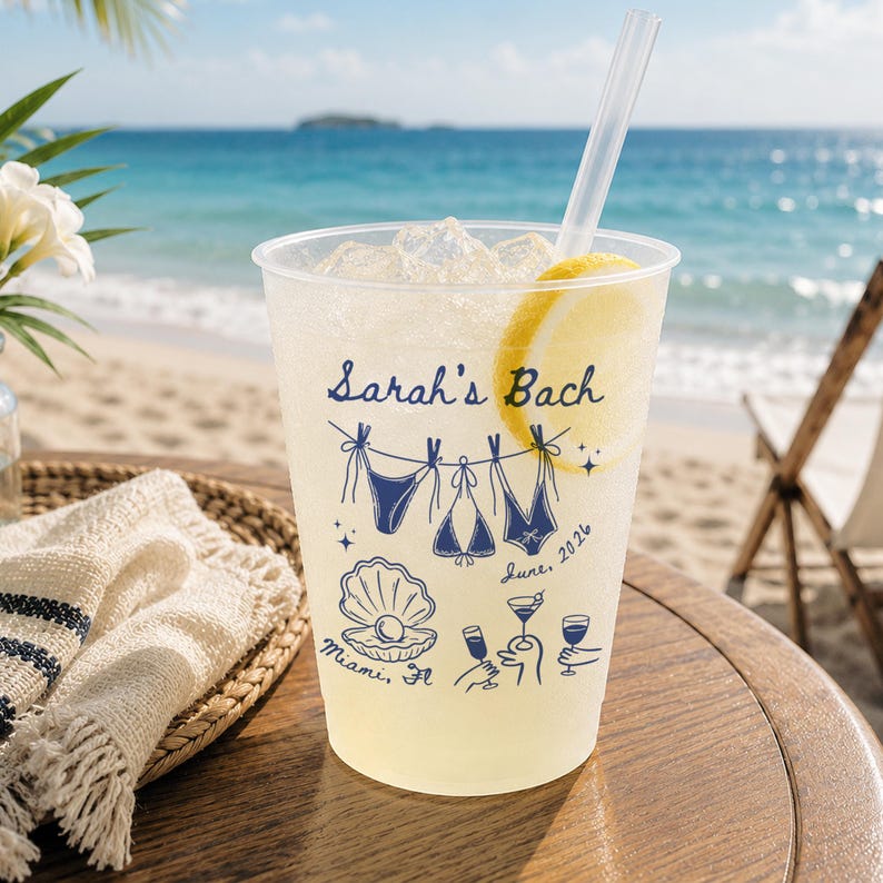 Personalized Frosted Plastic Cups, Beach Bachelorette Party Cups, Bach Club Cups, Pool Party Favor