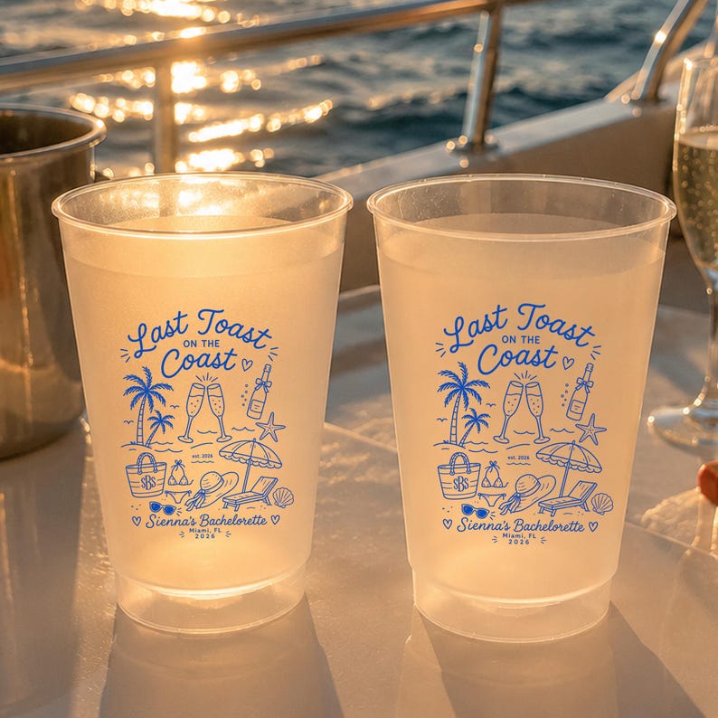 Last Toast On The Coast Frosted Cups, Personalized Beach Bachelorette Cups, Coastal Bach Weekend Party Favors