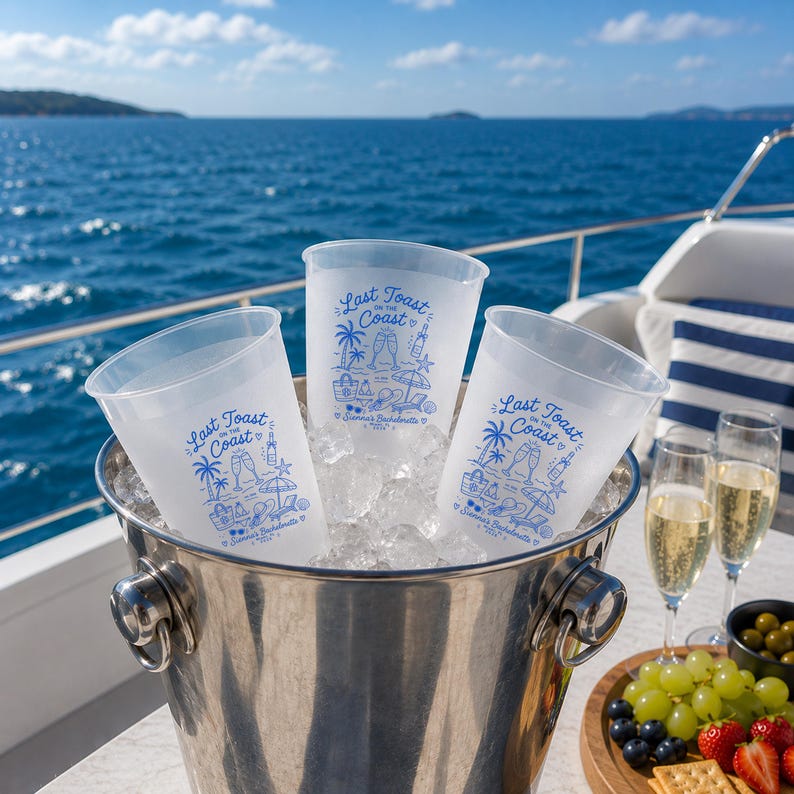 Last Toast On The Coast Frosted Cups, Personalized Beach Bachelorette Cups, Coastal Bach Weekend Party Favors