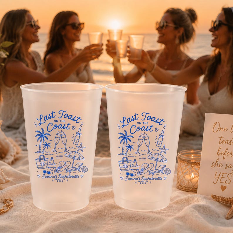 Last Toast On The Coast Frosted Cups, Personalized Beach Bachelorette Cups, Coastal Bach Weekend Party Favors