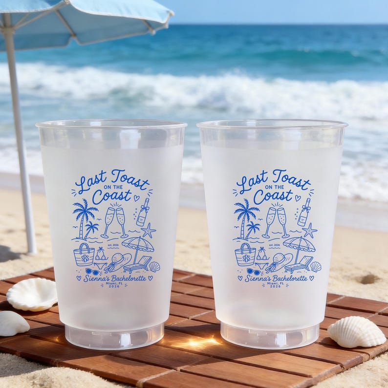 Last Toast On The Coast Frosted Cups, Personalized Beach Bachelorette Cups, Coastal Bach Weekend Party Favors