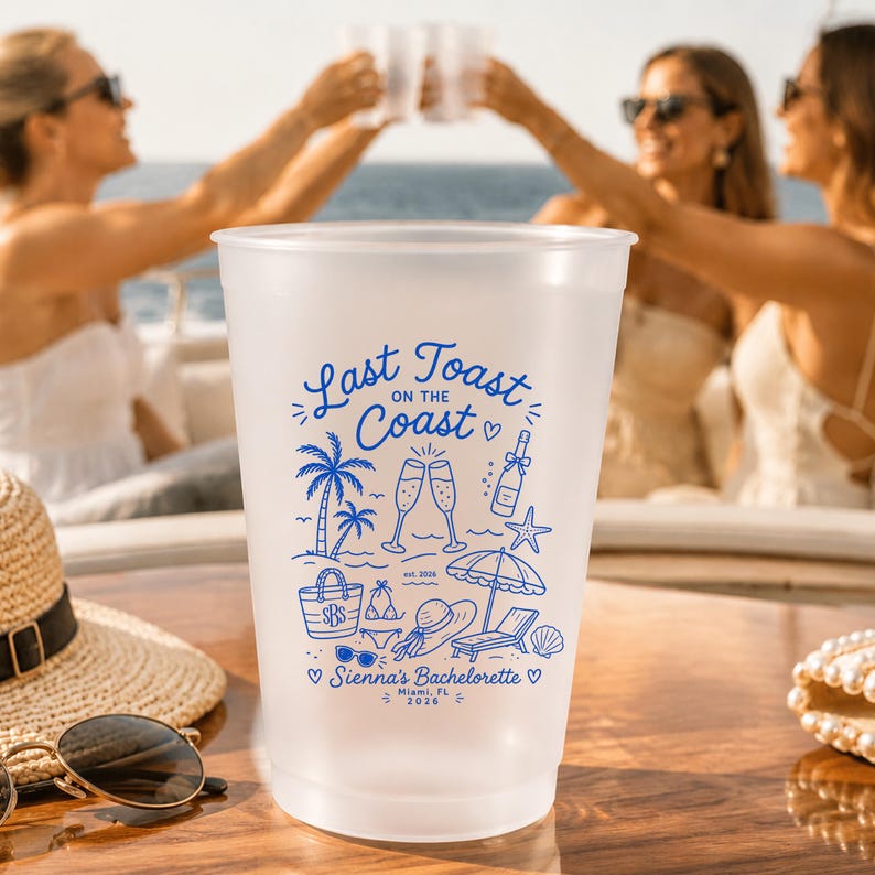 Last Toast On The Coast Frosted Cups, Personalized Beach Bachelorette Cups, Coastal Bach Weekend Party Favors