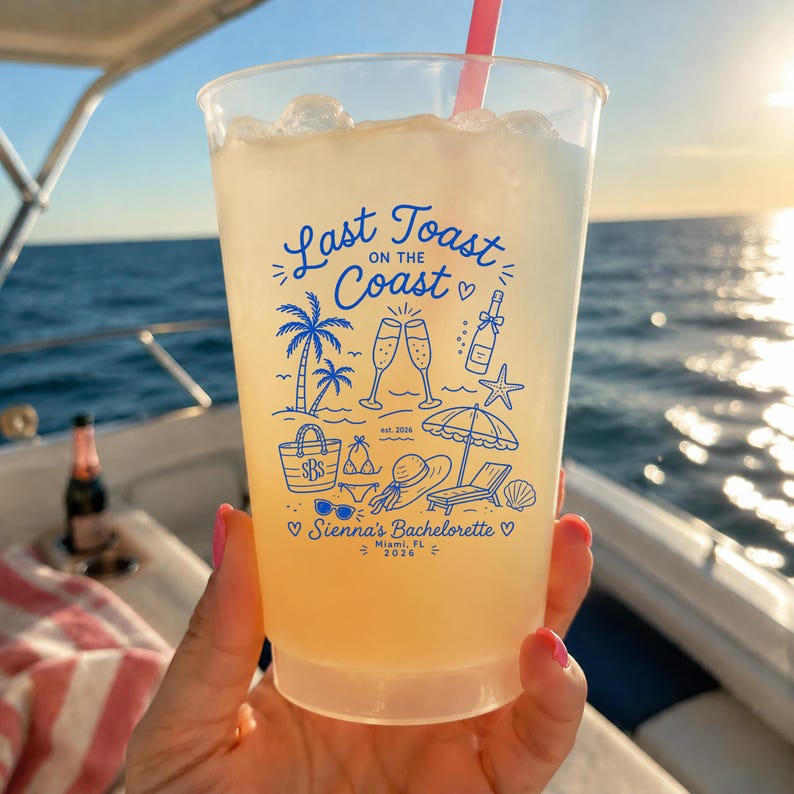 Last Toast On The Coast Frosted Cups, Personalized Beach Bachelorette Cups, Coastal Bach Weekend Party Favors