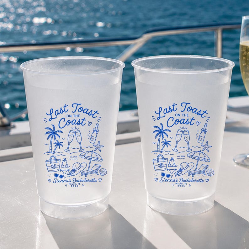 Last Toast On The Coast Frosted Cups, Personalized Beach Bachelorette Cups, Coastal Bach Weekend Party Favors