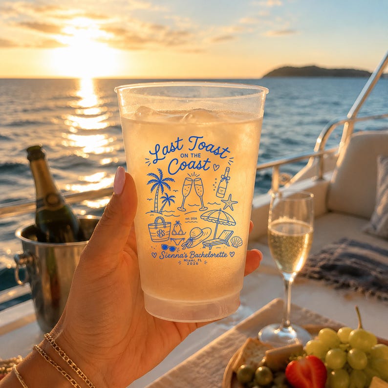 Last Toast On The Coast Frosted Cups, Personalized Beach Bachelorette Cups, Coastal Bach Weekend Party Favors