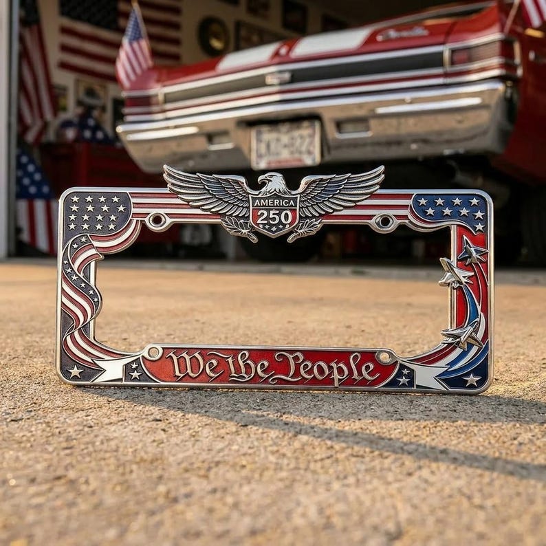 Patriotic We The People License Plate Frame, America 250th Anniversary Metal Car Tag Holder