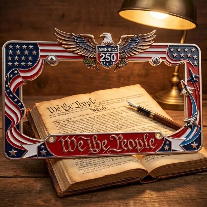 Patriotic We The People License Plate Frame, America 250th Anniversary Metal Car Tag Holder