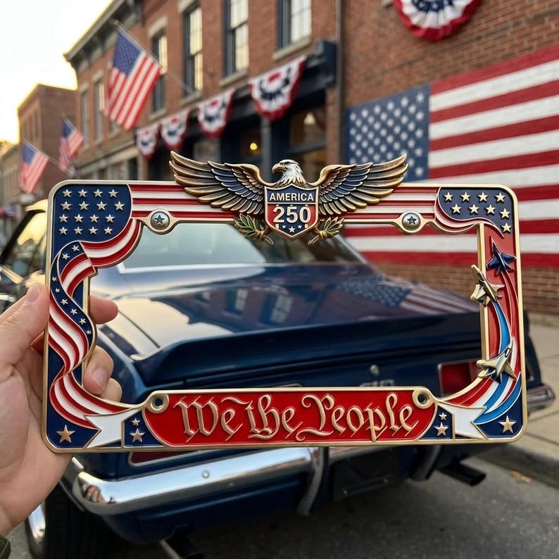 Patriotic We The People License Plate Frame, America 250th Anniversary Metal Car Tag Holder
