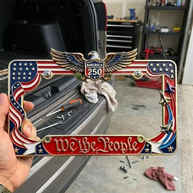 Patriotic We The People License Plate Frame, America 250th Anniversary Metal Car Tag Holder