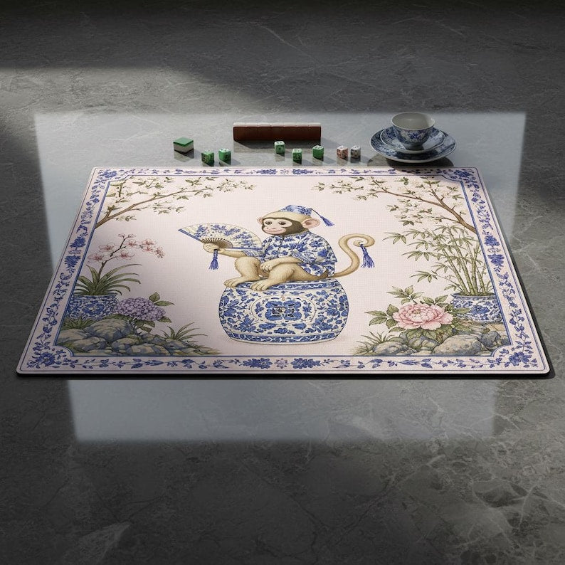 Chinoiserie Monkey With Cherry Blossom Mahjong Mat, Pink Background Floral Playing Mat, Botanical Watercolor Game Table Cover