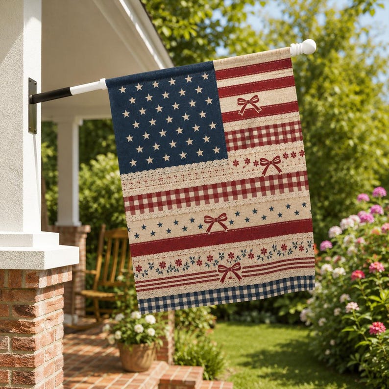 PRINT Patchwork America 250th Birthday Garden Flag, Patriotic USA Yard Flag