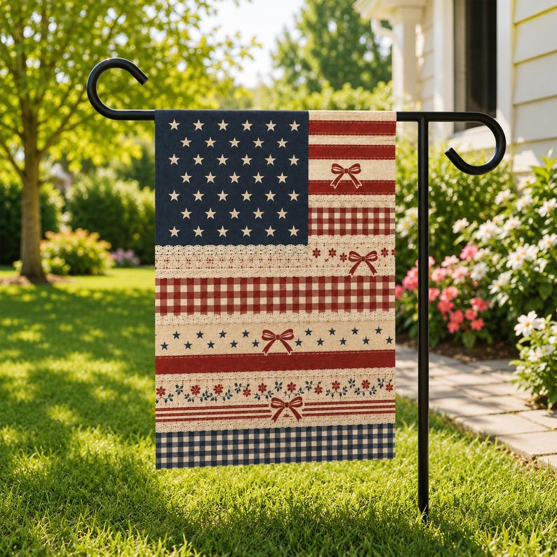 PRINT Patchwork America 250th Birthday Garden Flag, Patriotic USA Yard Flag
