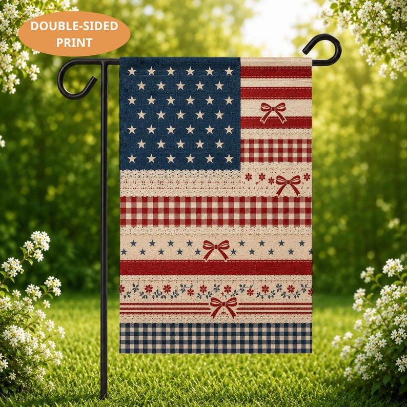 PRINT Patchwork America 250th Birthday Garden Flag, Patriotic USA Yard Flag