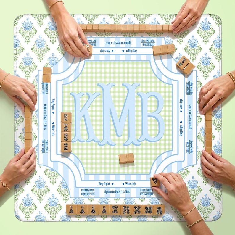 Custom Mahjong Mat, Personalized, Monogram, Letter, Initial, Preppy, Grand Millennial, Flowers, Plaid, Checker, Pastel, Blue Green