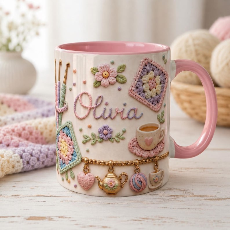 Personalized Crochet Lover Mug, Granny Square Pattern Coffee Mug, Pastel Yarn Crafter Mug, Cute Knitting Charms Mug