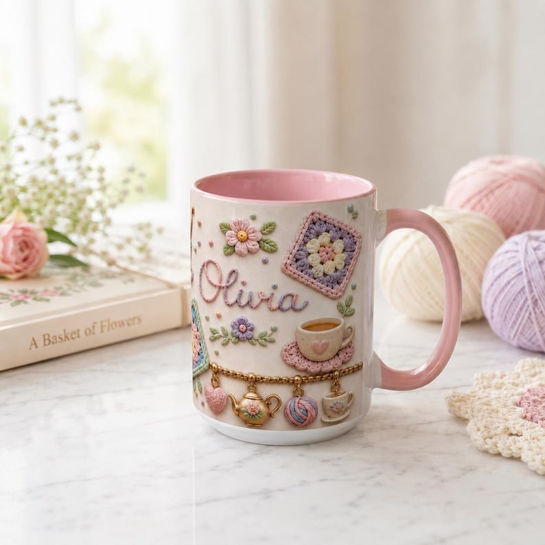 Personalized Crochet Lover Mug, Granny Square Pattern Coffee Mug, Pastel Yarn Crafter Mug, Cute Knitting Charms Mug
