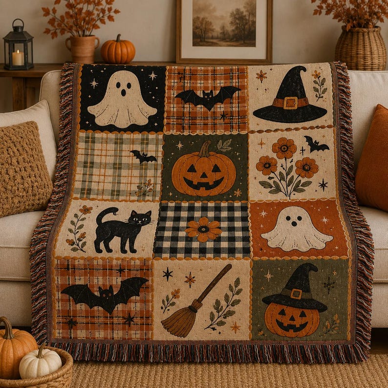 Halloween Goose Woven Blanket, Vintage Cottagecore Goose Throw Blanket, Pumpkin Daisy Fall Halloween Home Decor