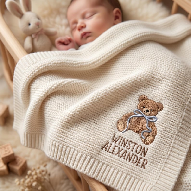 Personalized Embroidered Teddy Bear Baby Blanket with Name, Custom Knit Newborn Gift, Gift For Baby