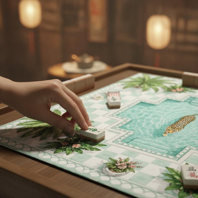 Luxury Leopard Pool Mahjong Mat, Tropical Palm Tree Game Table Decor, Unique Illustrated Playmat, Aesthetic Home Gift