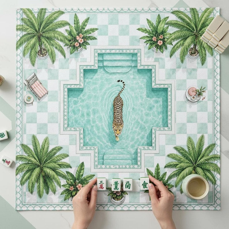 Luxury Leopard Pool Mahjong Mat, Tropical Palm Tree Game Table Decor, Unique Illustrated Playmat, Aesthetic Home Gift