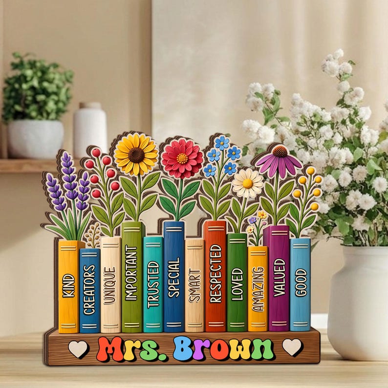 Custom Flowers Book Teacher Classroom Wooden Block, Floral Teacher Desk Decor