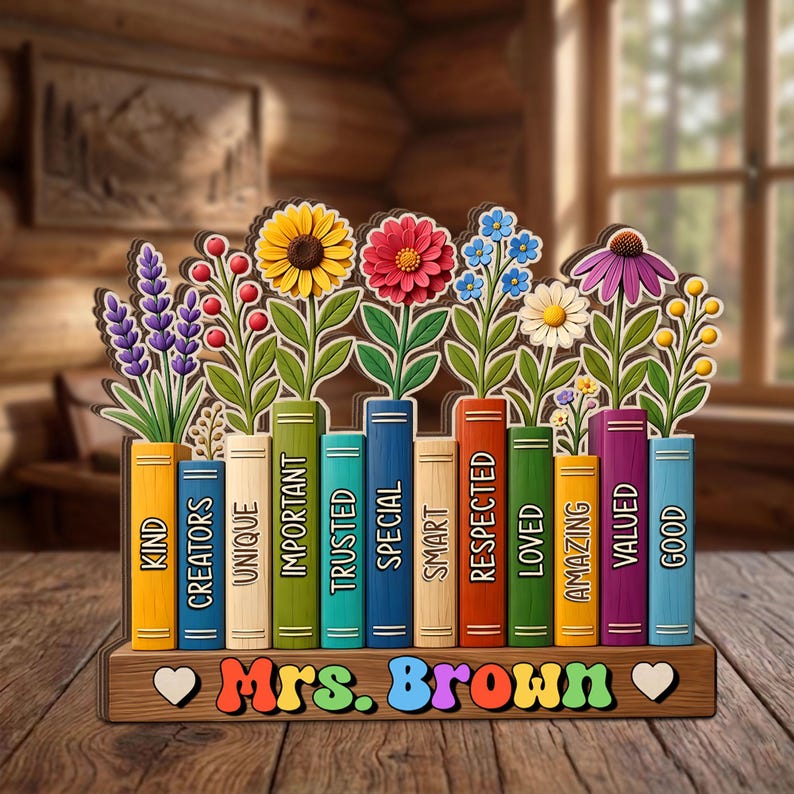 Custom Flowers Book Teacher Classroom Wooden Block, Floral Teacher Desk Decor