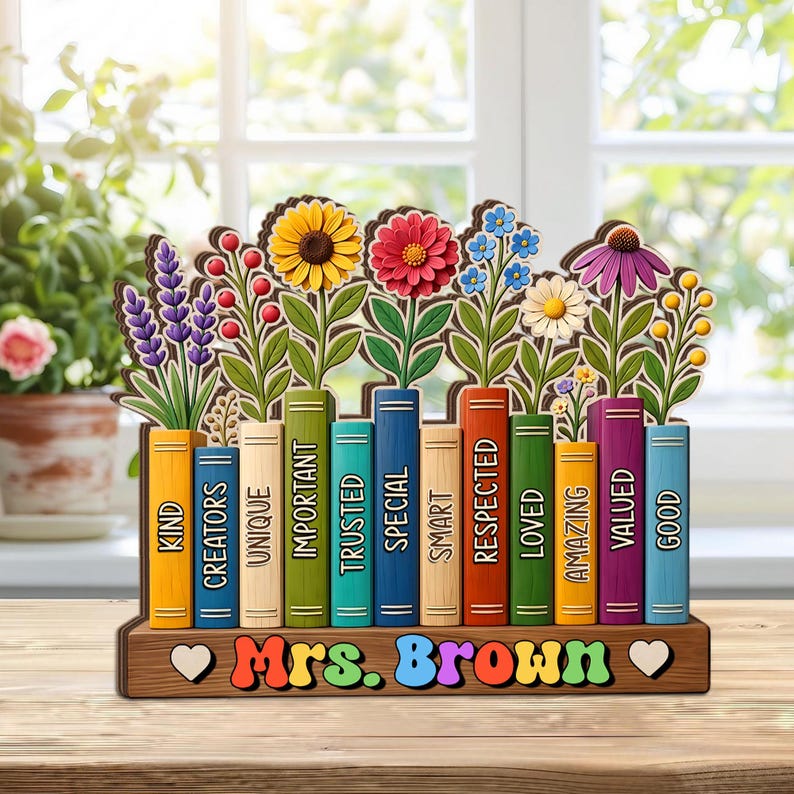 Custom Flowers Book Teacher Classroom Wooden Block, Floral Teacher Desk Decor