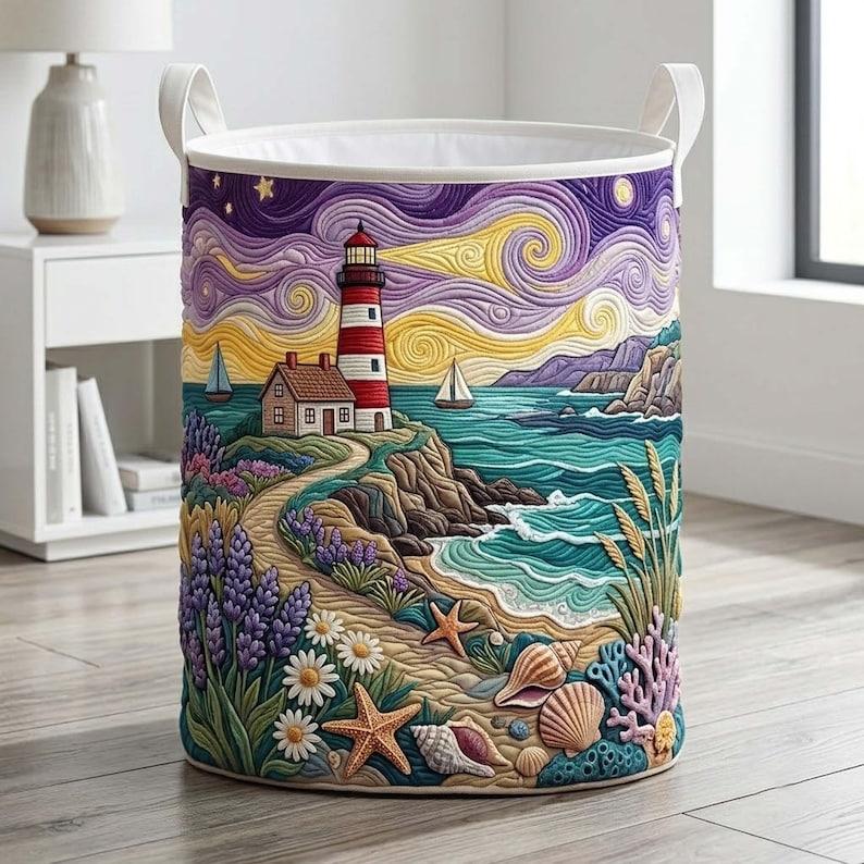 Coastal Lighthouse Quilted Laundry Basket, Nautical Ocean Hampers, Housewarming Gifts