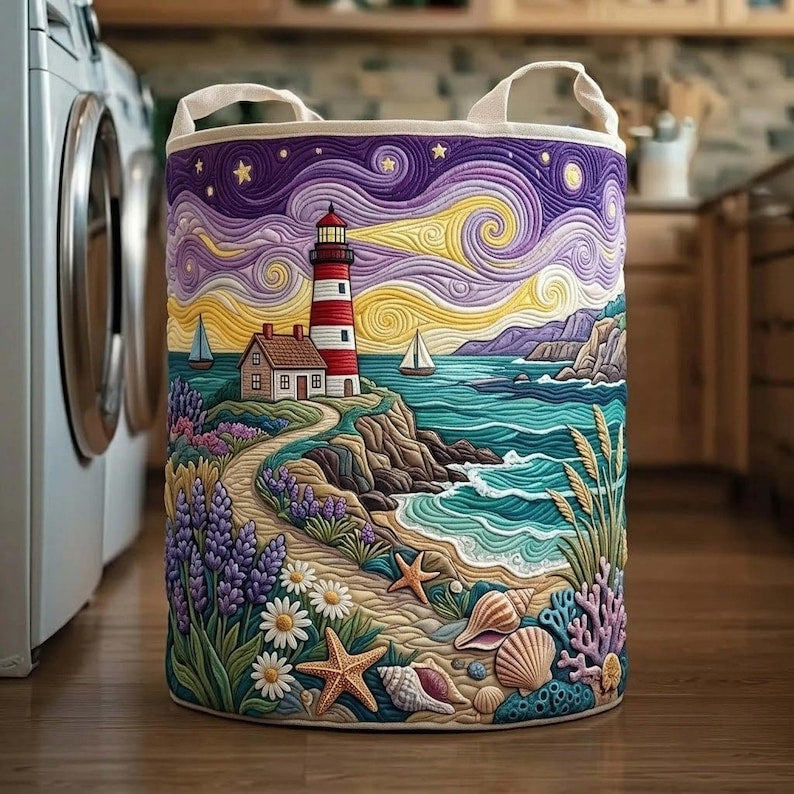 Coastal Lighthouse Quilted Laundry Basket, Nautical Ocean Hampers, Housewarming Gifts