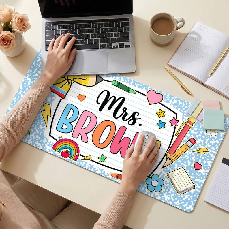Personalized Teacher Desk Mat 2026, Custom Teacher Name Classroom Decor, Retro Checkered Large Desk Pad