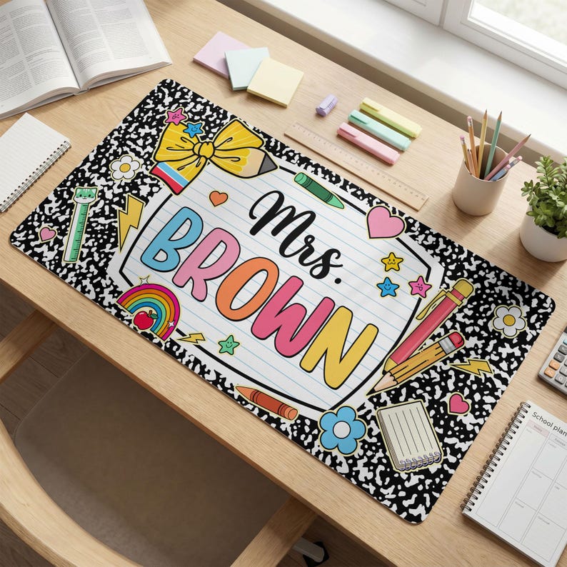 Personalized Teacher Desk Mat 2026, Custom Teacher Name Classroom Decor, Retro Checkered Large Desk Pad