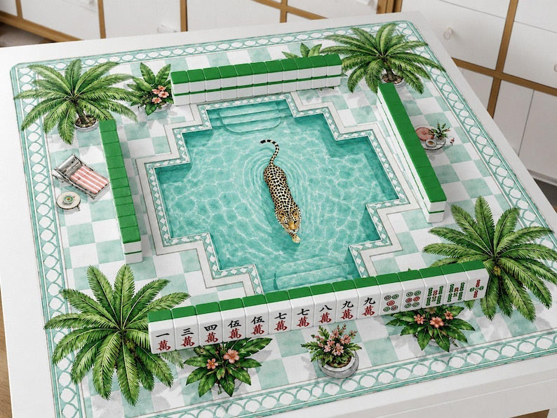 Luxury Leopard Pool Mahjong Mat, Tropical Palm Tree Game Table Decor, Unique Illustrated Playmat, Aesthetic Home Gift