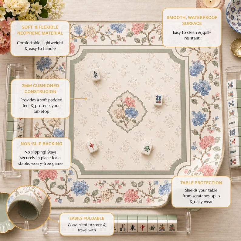 The Hydrangea Vine Mahjong Mat, Chinoiserie Floral Game Mat, Custom Monogram Mahjong Mat