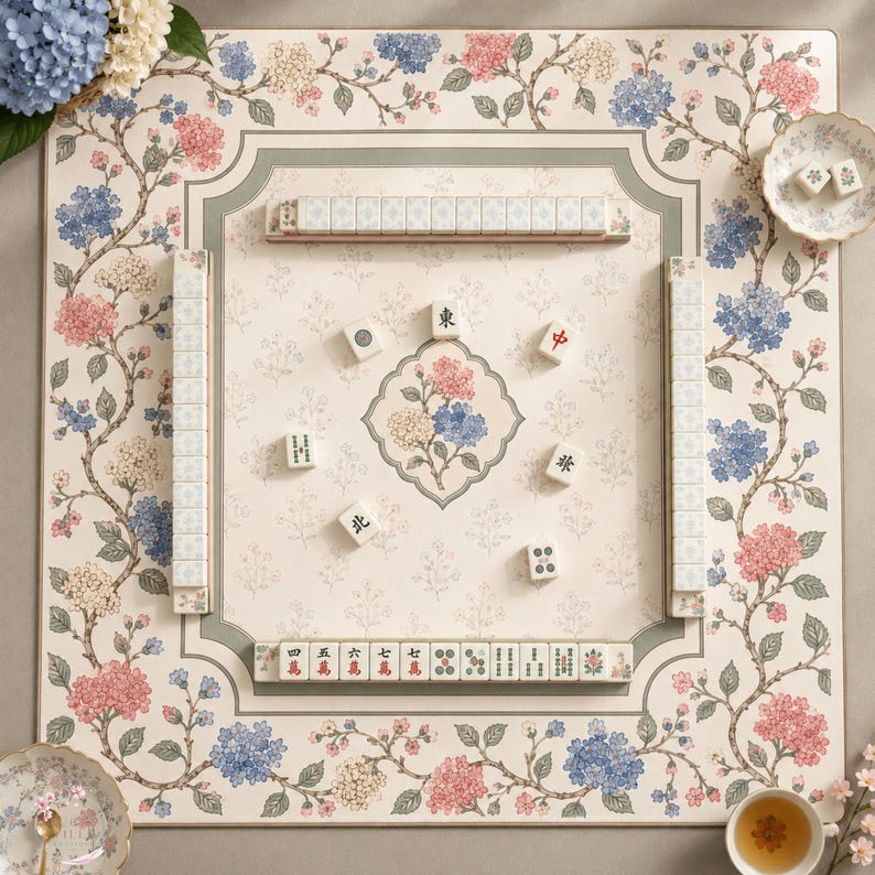 The Hydrangea Vine Mahjong Mat, Chinoiserie Floral Game Mat, Custom Monogram Mahjong Mat