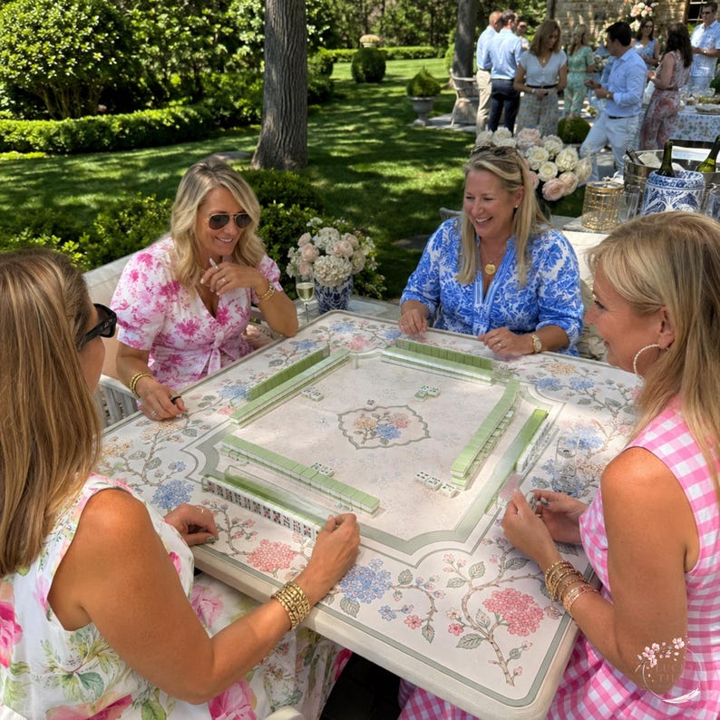 The Hydrangea Vine Mahjong Mat, Chinoiserie Floral Game Mat, Custom Monogram Mahjong Mat