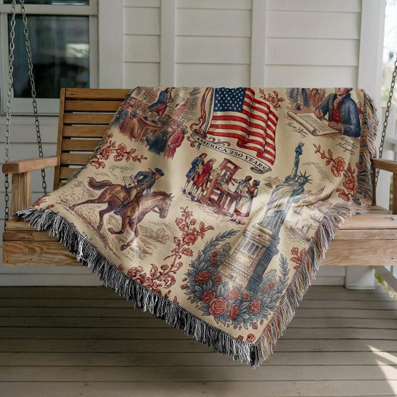 America 250th Anniversary Woven Blanket: Patriotic Colonial USA Throw Blanket